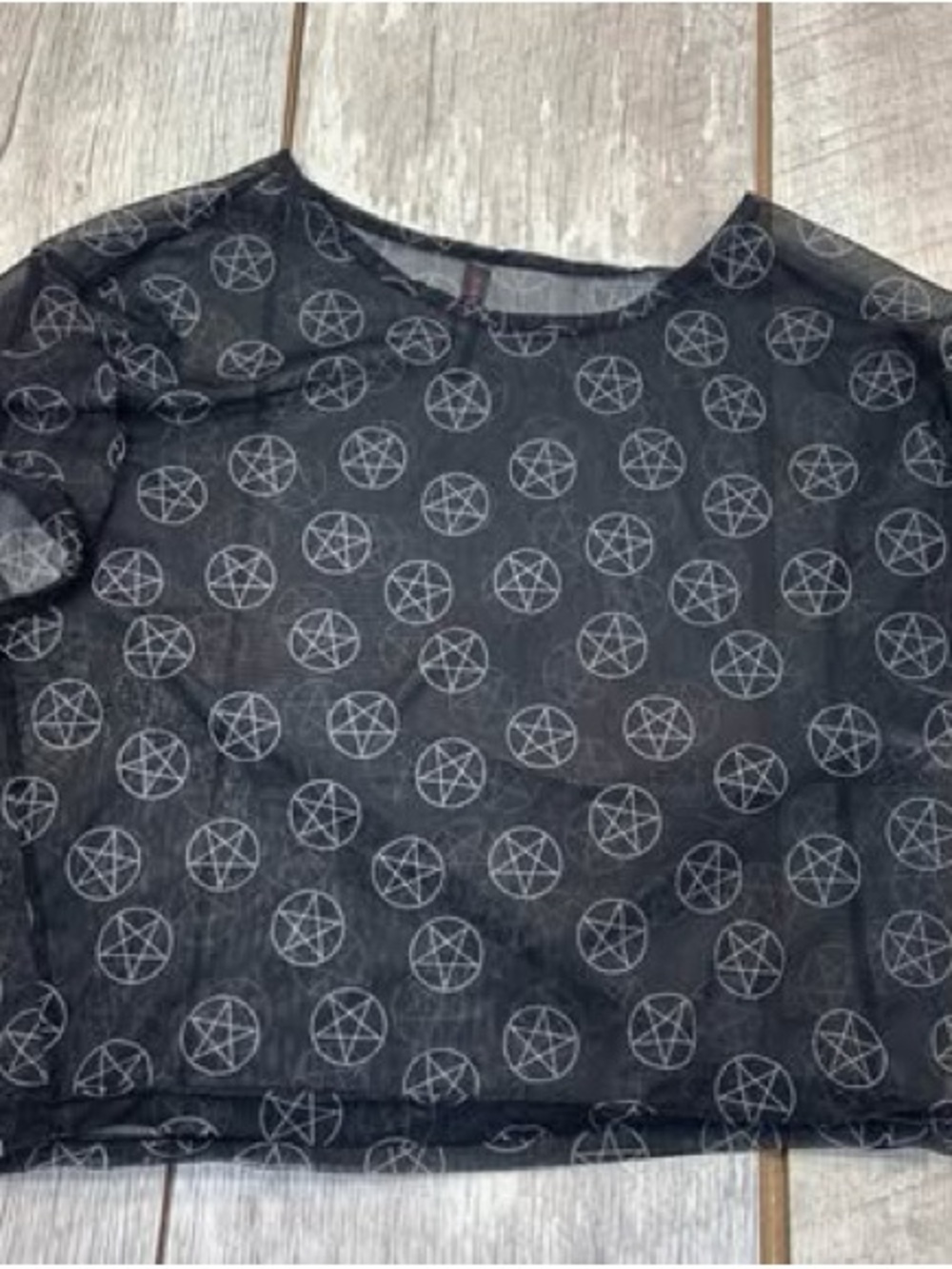BodyRage Black Sheer Crop Top with White Pentagram Print womens size large